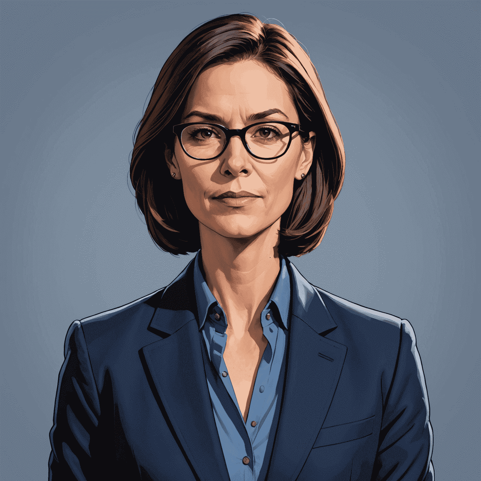 Portrait of Jane Doe, Chief Strategy Officer, an experienced professional with short dark hair and glasses, wearing a navy blue blazer
