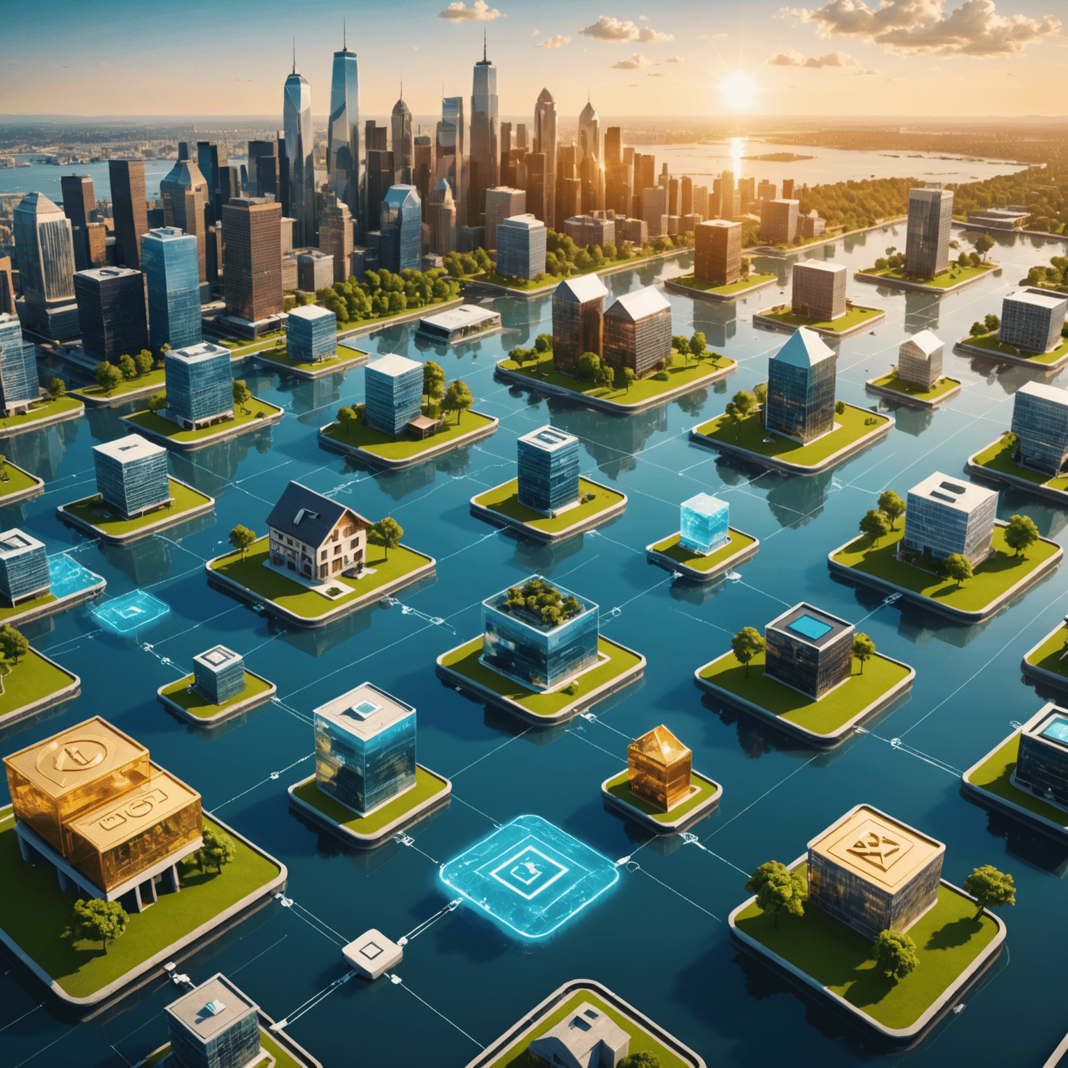 A visual representation of Real-World Assets (RWAs) flowing into digital platforms, symbolizing the transformation of traditional assets into liquid digital forms. The image shows physical assets like real estate and commodities morphing into digital tokens on a blockchain-like structure.