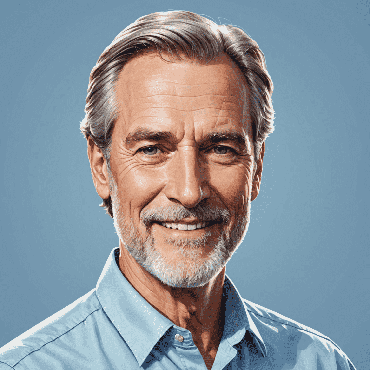 Portrait of John Smith, Head of Research, a middle-aged man with greying hair and a friendly smile, wearing a light blue shirt