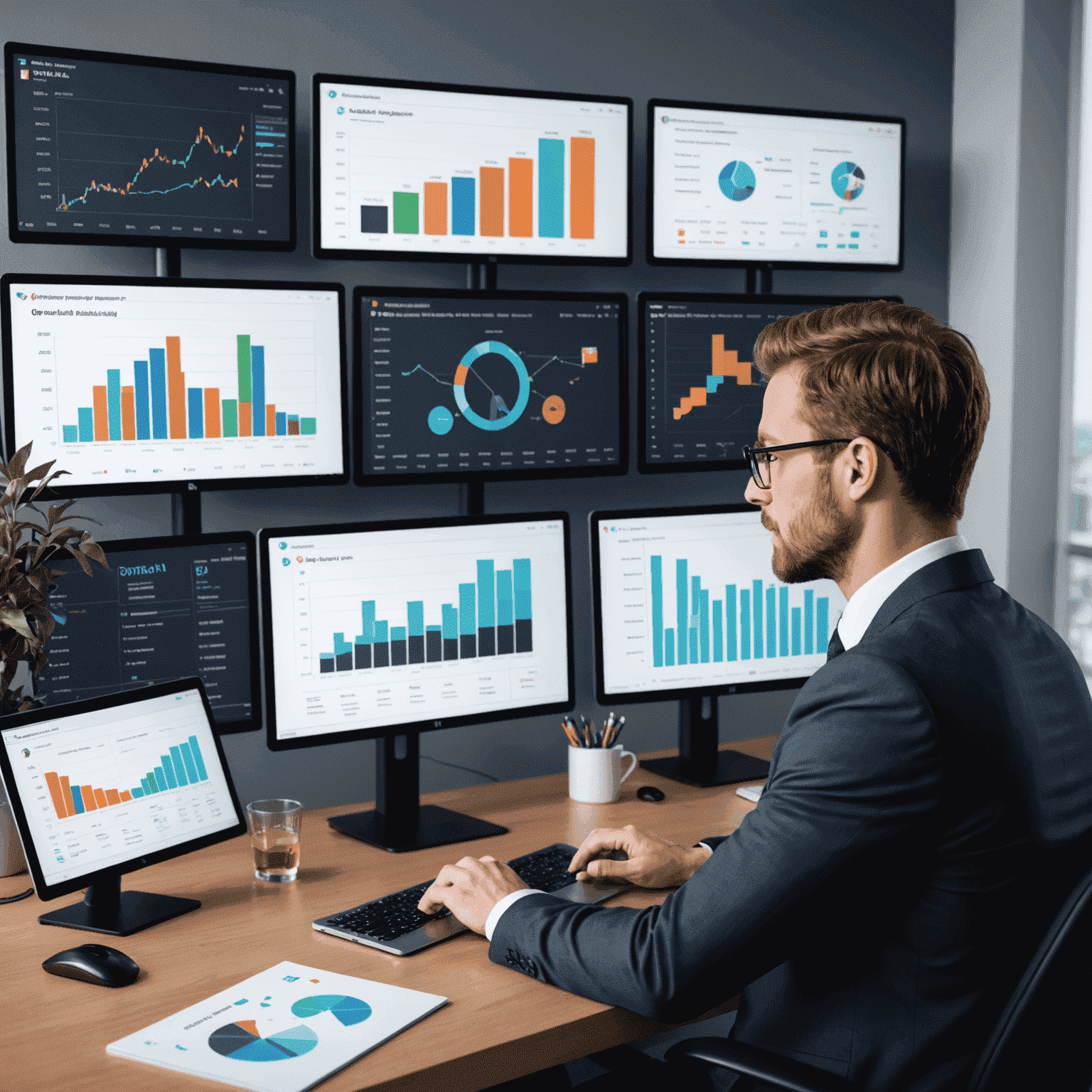 A business professional analyzing digital asset charts on multiple screens, representing the implementation of digital asset strategies in modern businesses