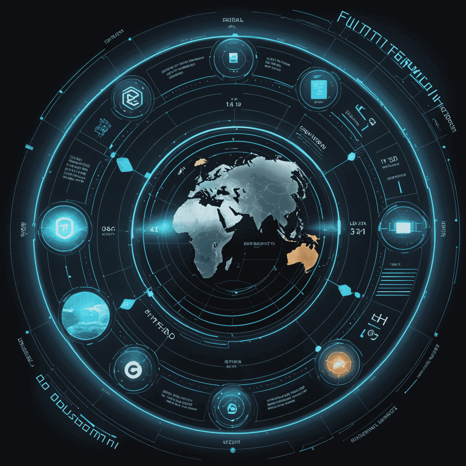 Futuristic interface showing a diverse portfolio of digital and traditional assets, with real-time data flows and global connectivity