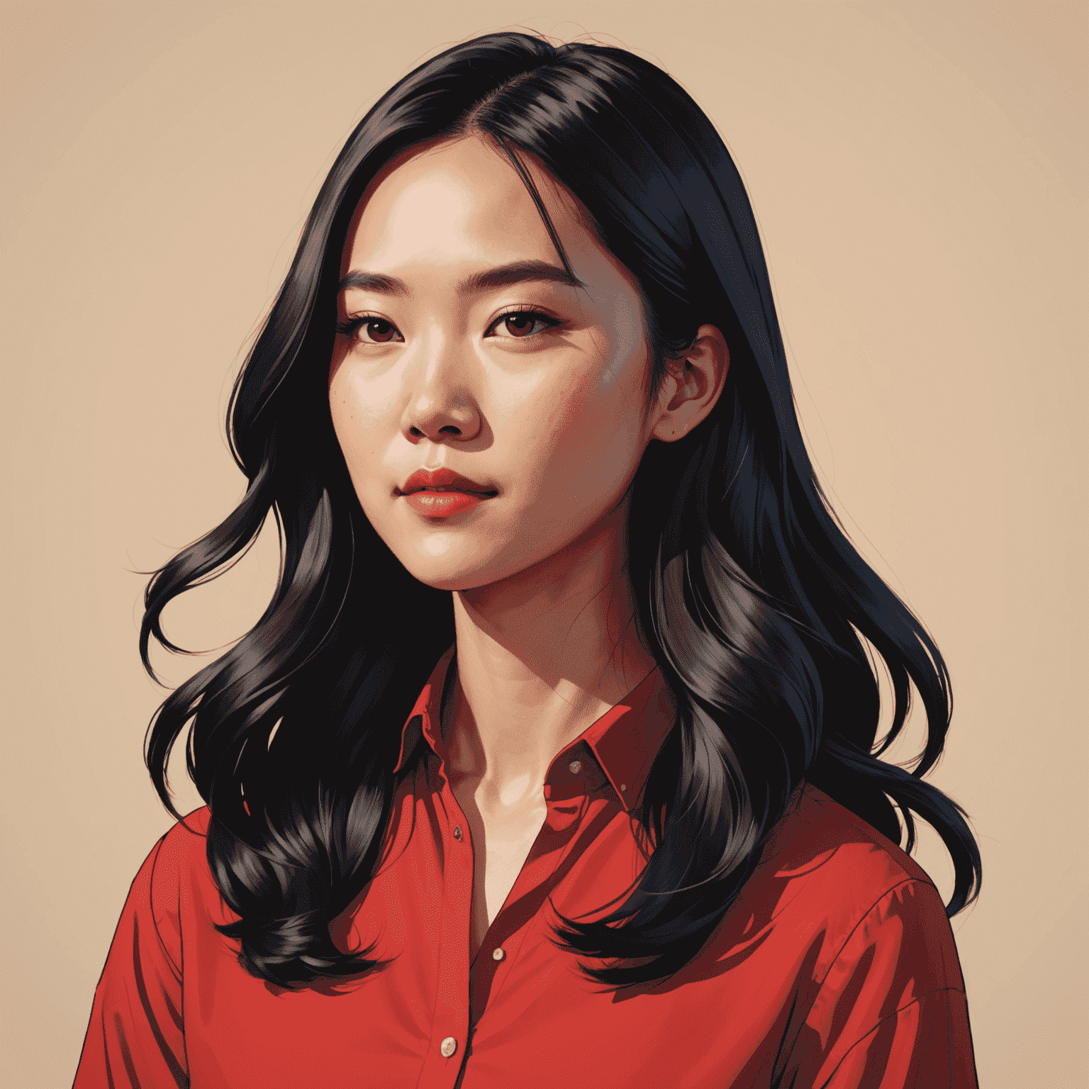 Portrait of Emily Chen, Digital Asset Specialist, a young Asian woman with long black hair, wearing a red blouse and looking confident