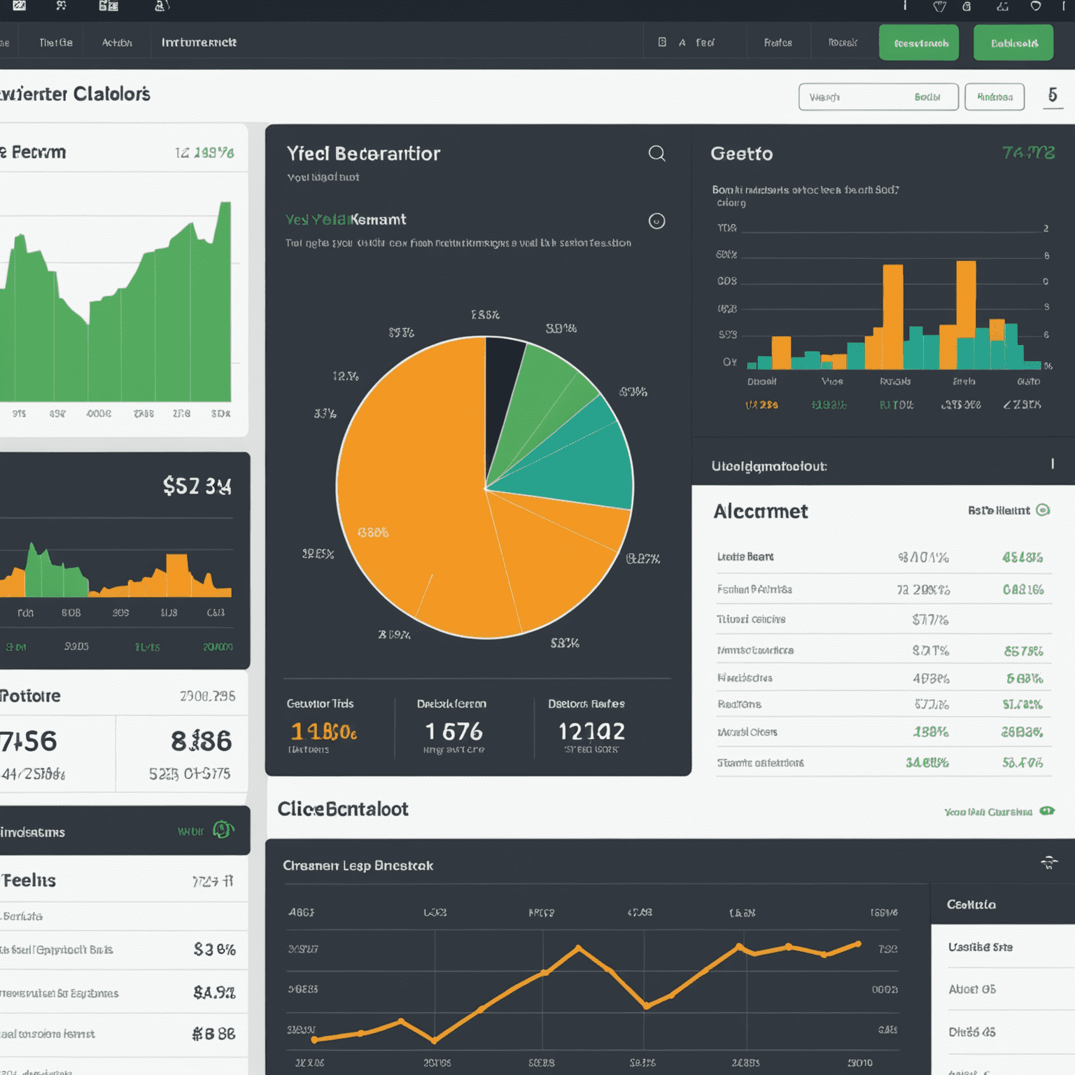 A screenshot of an interactive dashboard featuring graphs, charts, and input fields. The image showcases a user-friendly interface for a yield calculator, with visual representations of asset allocation and potential returns on RWA investments.
